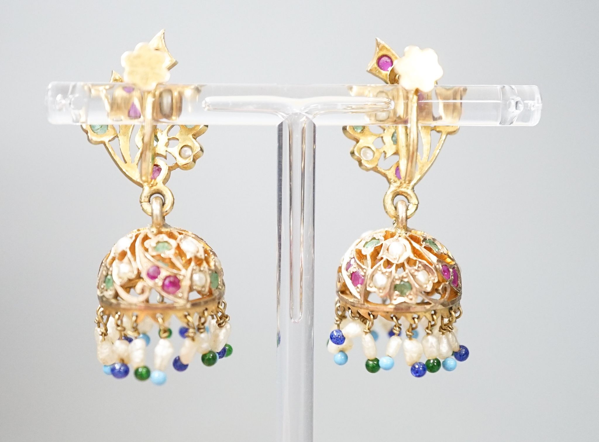 A pair of Indian? yellow metal and multi-gem set drop ear clips, 41mm, gross weight 13.2 grams.